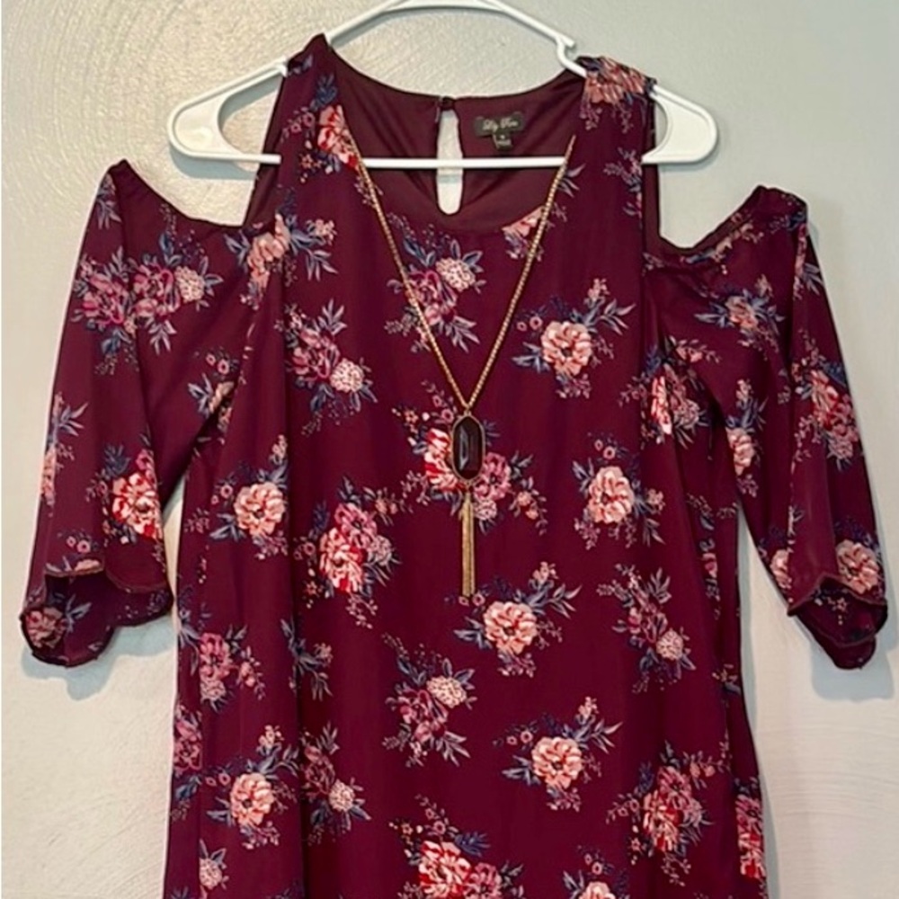 Lily Rose Dress- Burgundy Floral with Necklace